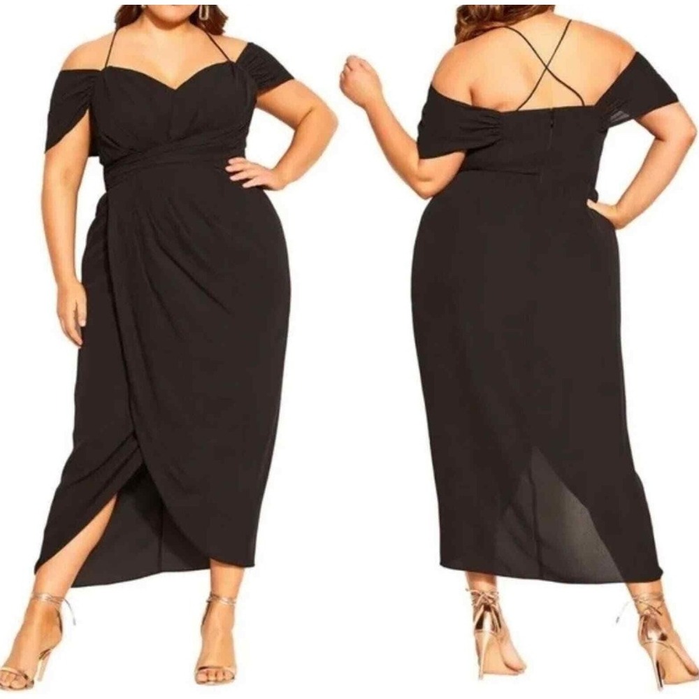 City Chic Entwine Ruched Cold Shoulder Tulip Midi Dress Black Plus Size L 20 - Picture 14 of 14